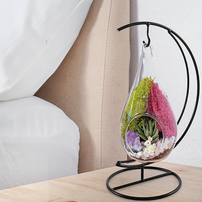 Creations by Nathalie 7" DIY Teardrop Terrarium Kit with Live Plants - Hanging Glass Planter with Stand for Adults & Kids - Build a Mini Ecosystem with Moss, Crystals, Tools - Made in The USA