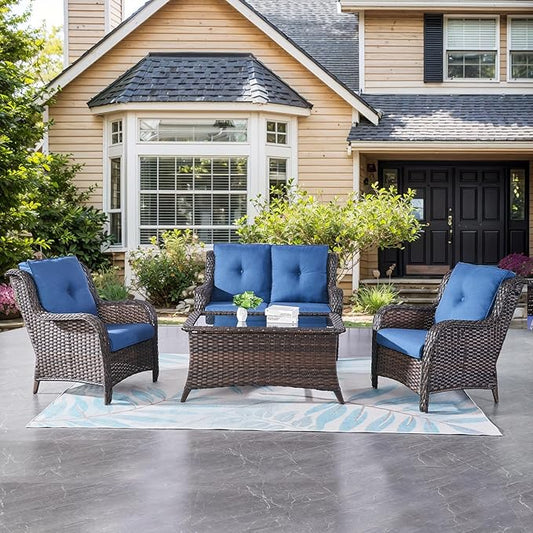Belord Wicker Furniture 4 Pieces Outdoor Patio Furniture Set Patio Loveseat Sofa Set with Wicker Chairs and Coffee Table, Paito Conversation Set for Porch Garden Deck Balcony Poolside