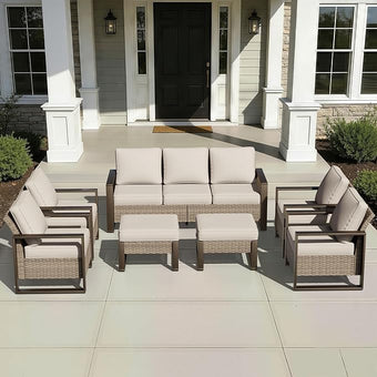 Joyside Outdoor Patio Chairs, 7 Pieces Wicker Rattan Furniture Set, 4 Patio Chairs, 1 Sofa and 2 Ottoman, Metal Wide Armrest, Thick Cushions and Deep Seating for Garden, Backyard, Porch, Deck