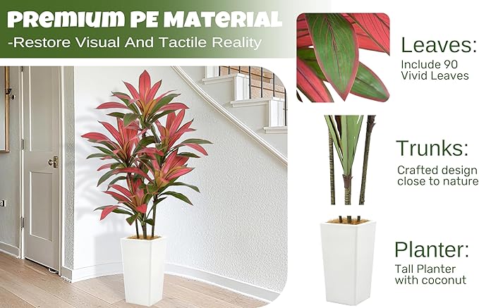 Roselywed Artificial Red Dracaena Tree 5FT with 90 Leaves & 6 Heads & White Tall Planter Cover with Coconut Fiber Tall Faux Tropical Silk Bicolor Plant 60 Inch for Indoor Home Office Porch Mall Decor