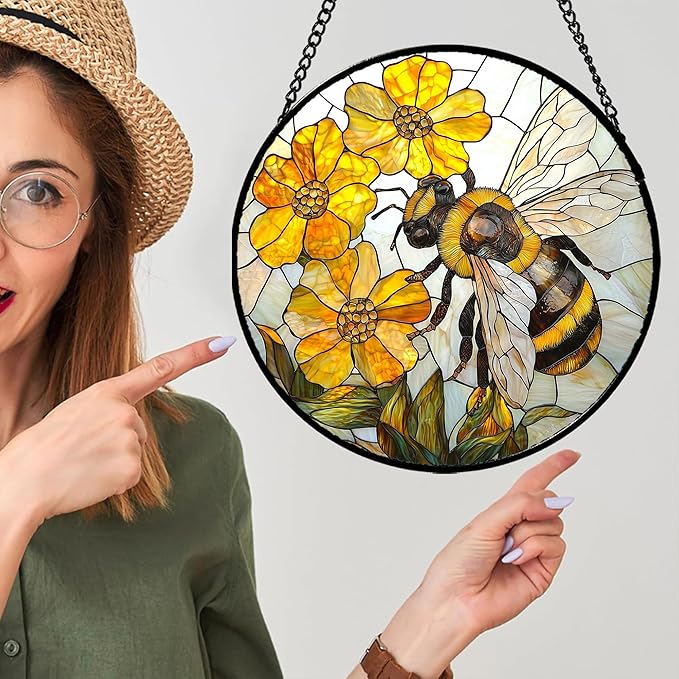 Stained Glass Window Hanging - Yellow Bees Gathering Flowers Sun Catcher for Door Garden Home Decor Cute Suncatcher Christmas Mother's Day Birthday Gifts for Women Men Mom Nana 9.8 in