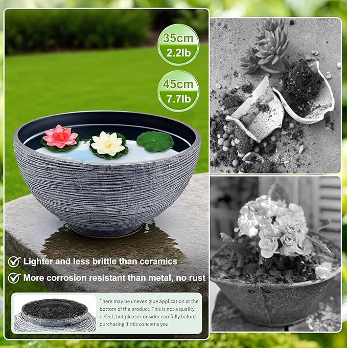 charmshine 13.7inch Large Lotus Bowl Planter Garden Water Plant Pot Bird Bath Bowl Landscaping Planter Water Lily Pots for Outdoor Indoor Planting in Water Small Fountain Base Mini Fish Pond (White)