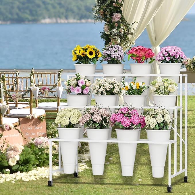 NEYCIL Flower Stand, 3-Tier Flower Display Stand with Buckets for Indoor Outdoor, Flower Cart Display Stand with Wheels for Courtyard, Balcony, Flower Shop, Wedding, Party, Exhibition, White