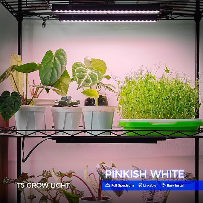 Barrina 1ft Grow Lights for Indoor Plants Full Spectrum, LED Grow Lamp with Black Cover, T5 Grow Light Strip, Under Cabinet Grow Light with Switch Cord, Plug and Play, Linkable, Pinkish White, 4 Packs