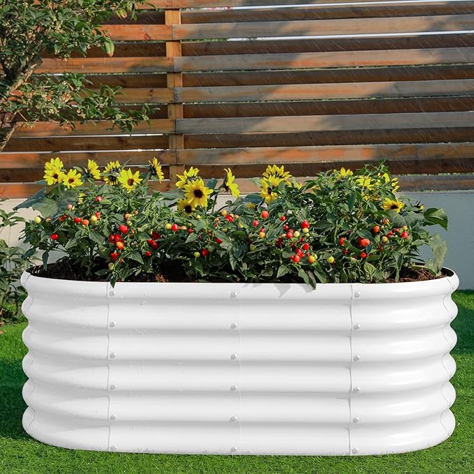 Land Guard 18“ Tall 4×2ft Galvanized Raised Garden Bed Kit, Galvanized Planter Garden Boxes Outdoor, Oval Large Metal Raised Garden Bed for Vegetables……… (Pearl White, 4×2×1.5ft)