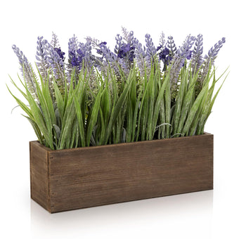 10.6" Artificial Lavender Flowers Arrangement in Rustic Wood Planter Box
