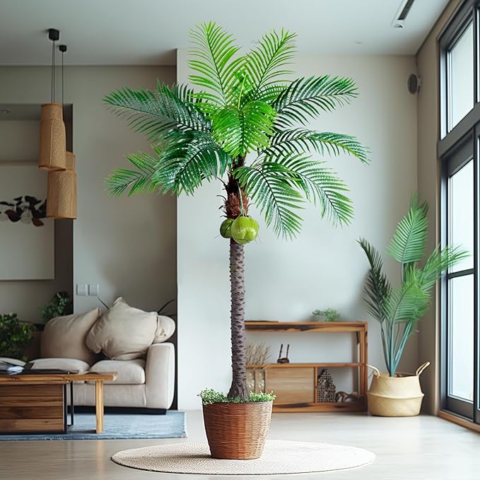 Erimda 30-Year Factory Faux Coconut Tree - 7.2FT Faux Palm Tree Realistic Thick Trunk & Heavy Duty Leaves, Hand-Carved Bark Texture, Indoor Tropical Decor for Living Room/Store, No Shiny Plastic Look