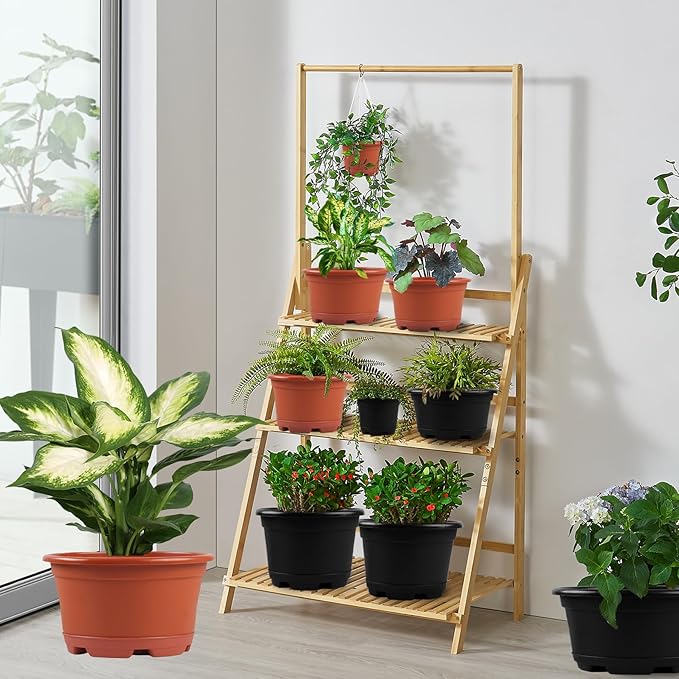 KPUVX 5 Pack 8.5 inch Plant Pot,Outdoor Flower Pots,Plastic pots for Plants Indoor with Drainage Holes and Trays, Decorative Garden Containers Sets for Houseplants