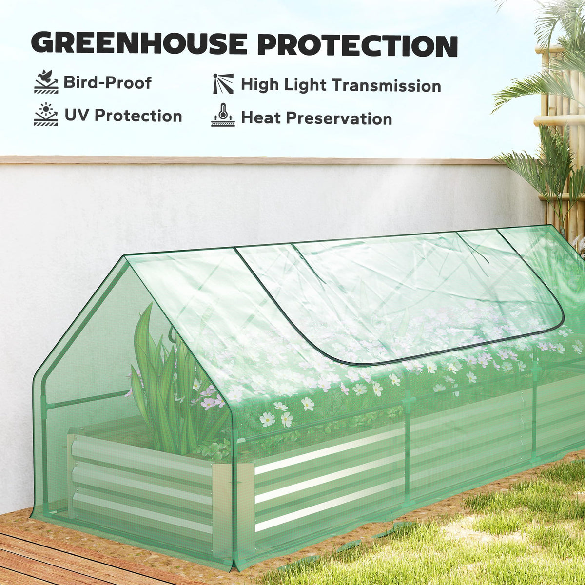 Outsunny 8.6 x 3 x 1ft Metal Planter Box with Mini Greenhouse, Green/Silver
