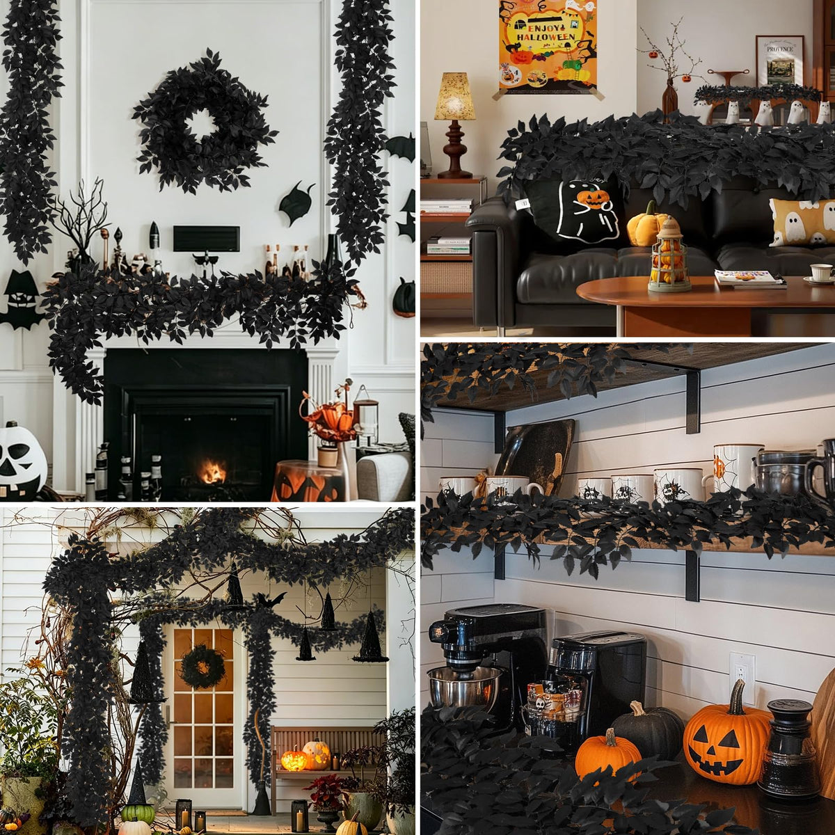 RECUTMS 2PCS Artificial Black Silk Leaves Vine Halloween Garland 5.9Ft