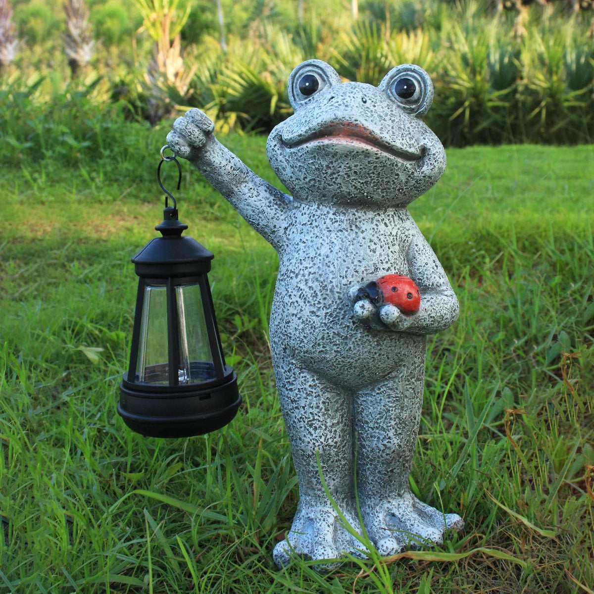 Yewanye Solar Frog Garden Statue, Resin Figurine with Ladybug & Hanging Solar Lantern Outdoor Decor