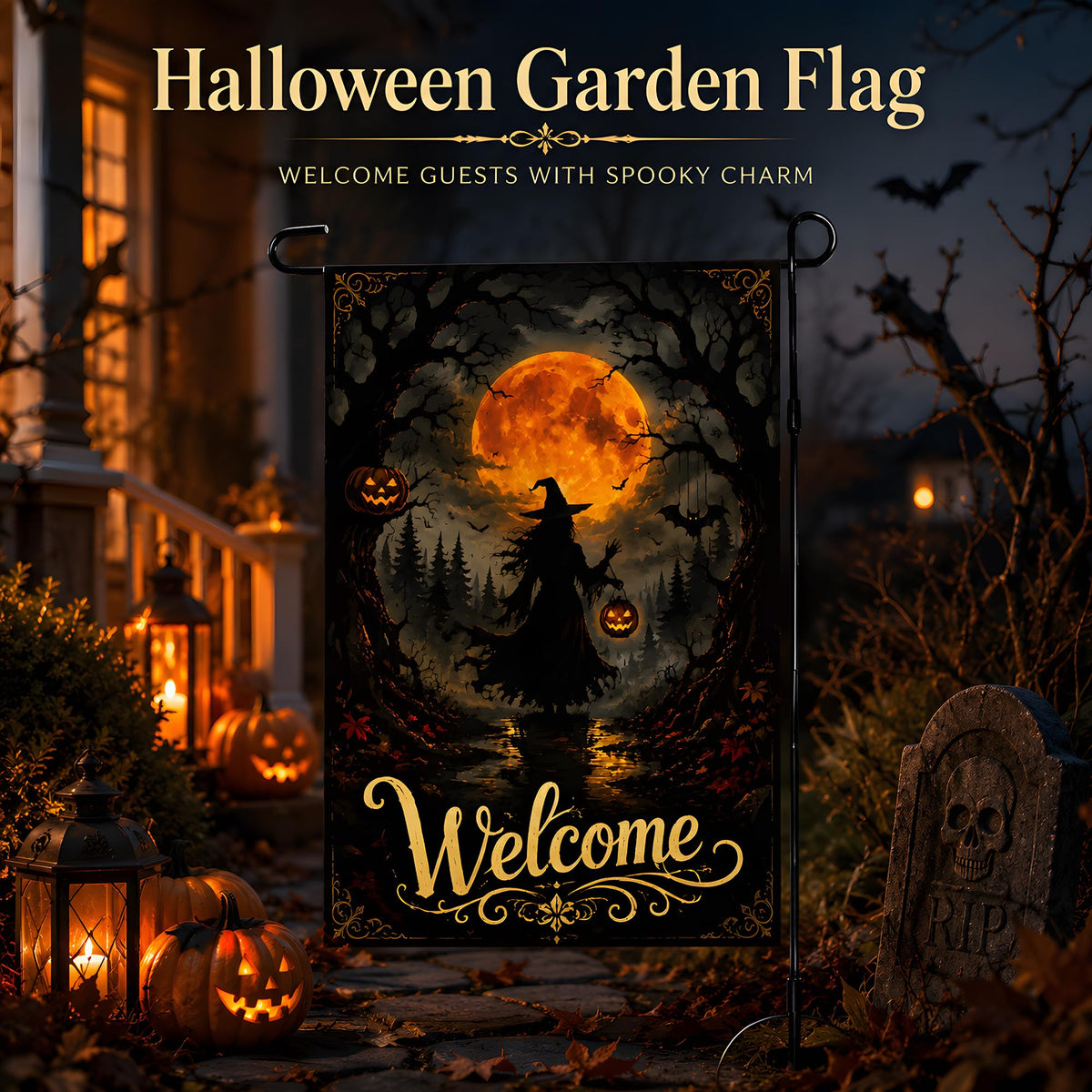 Halloween Decorations - Witch Full Moon Welcome Garden Flag for Outdoor
