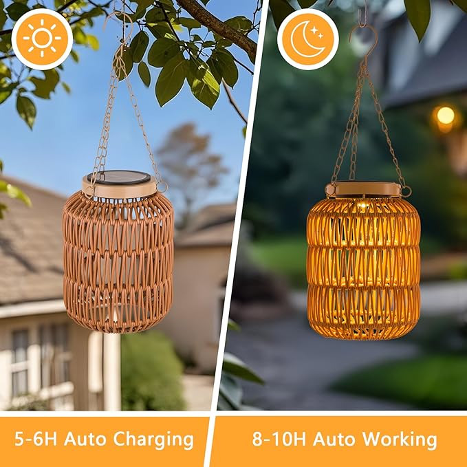 Solar Outdoor Lanterns Waterproof, Hanging Rattan Lantern Lights for Outside, Solar lamp Outdoor Chandelier Idea for Gazebo Pergola Porch Patio Pathway Decor (2)
