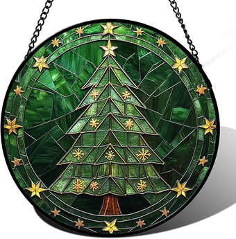 Stained Glass Window Hanging - Green Christmas Tree with Golden Stars Suncatcher for Doors Home Christmas Decoration Sun Catcher Thanksgiving New Year Birthday Gifts for Women Men Mom Nana 6.3 in
