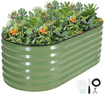 G GOOD GAIN Raised Garden Beds - 4x2x1.4ft Galvanized Planter Boxes Kit with Protective Tape & Gloves & Tools | Oval Metal Outdoor Raised Bed for Gardening Vegetables, Fruits, Flowers, Herbs, Oliver