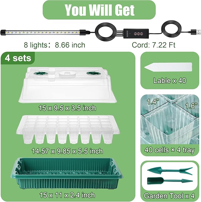 Saillong 4 Pack Seed Starter Tray with Grow Light, 80 Cells Indoor Greenhouse Kit, 360° Full Spectrum LED, Smart Timer, 5 Brightness Levels Indoor Plant Starter Kit for Home Gardeners