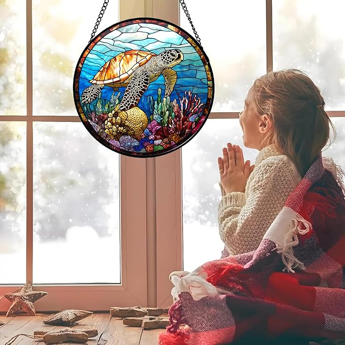 Stained Glass Window Hanging Blue Sea Ocean Coral Turtle 7.8" - Suncatcher Door Garden Sunroom Sun Catcher Home Decor Birthday Christmas for Mom Men Woman Nana