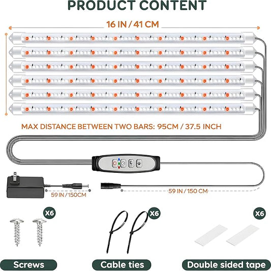 16'' 6 Bars Grow Light Strips for Indoor Plants with Auto ON/Off Timer 6/12/18H, 5 Dimmable Levels for Shelves Plant Growing(Pack 1)