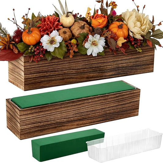 Dandat 2 Set Wood Boxes for Centerpieces 16x4 Inch Rectangle Wooden Planter Box Rustic Wood Planter with Removable Plastic Liner Floral Foam Blocks for Centerpieces Home Wedding Garden Decor