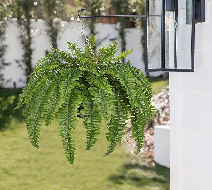 Hollyone 33" Artificial Boston Fern Hanging Basket Large 39 Leaves Fake Ferns in Rattan Pot Greenery Plants for Outdoors & Indoor Faux Fern Bush Basket Plant Patio Garden Home Decor Green