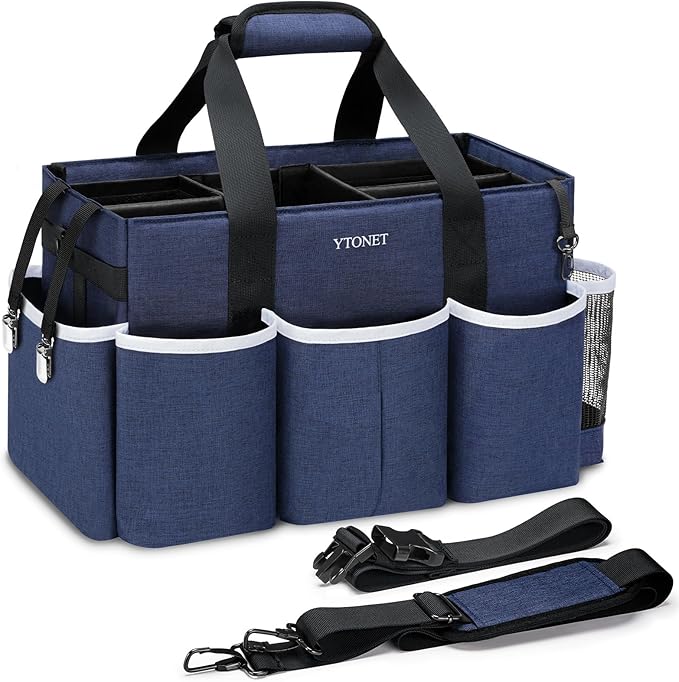 Ytonet Wearable Cleaning Caddy Bag, Large Cleaning Supplies Organizer with 4 Foldable Dividers, Kitchen Caddy Organizer with Handle & Adjustable Shoulder Straps for Cleaners & Housekeeper, Blue