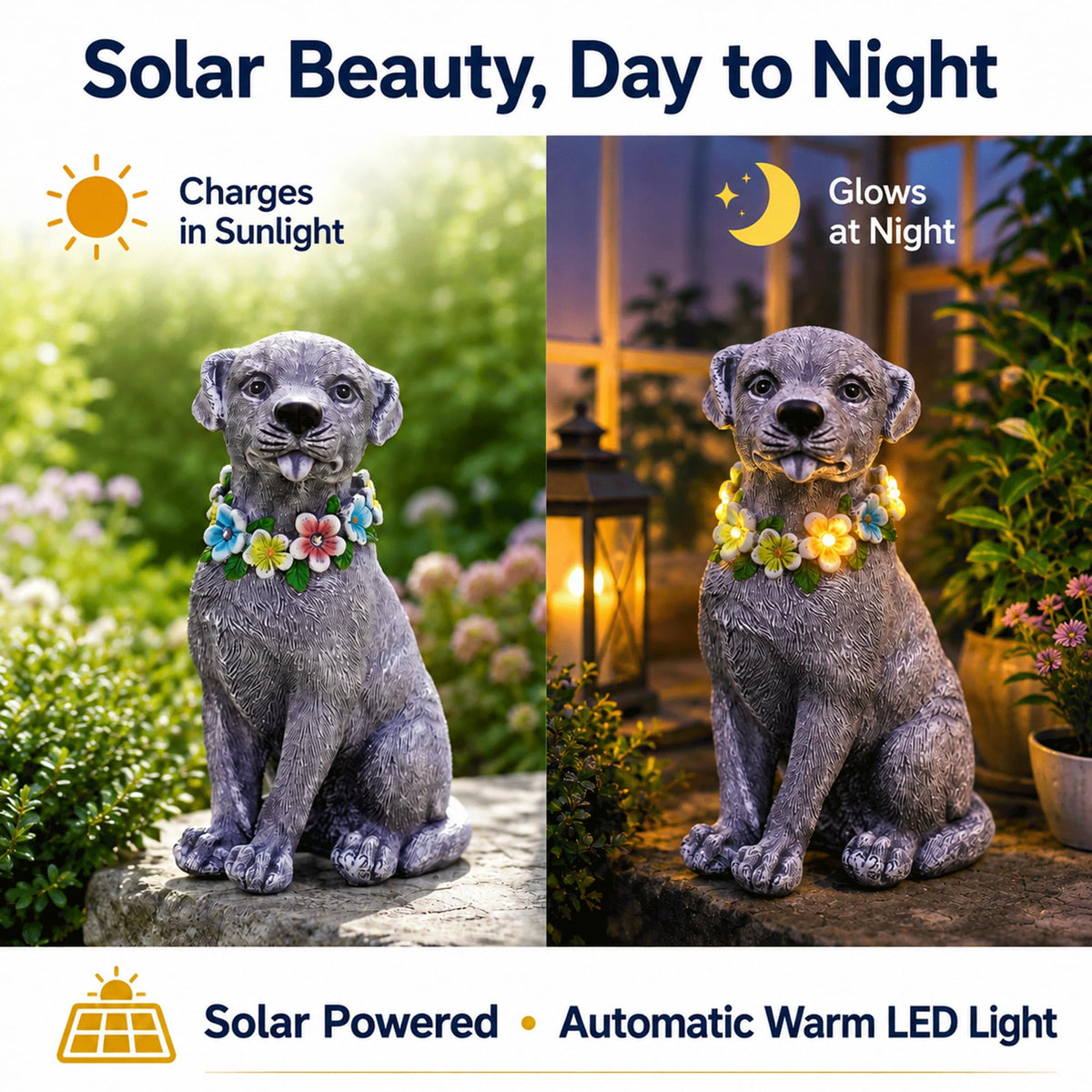 Nacome Dog Statue with Solar Flower Warm Lights Garden Decor