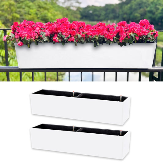 LaLaGreen Hanging Planter Boxes (2 Pack, 40") Extra Large White Rectangular Window Flower Box with Bracket Self Watering System Railing Planters for Outdoor Plant Pot Container Deck Rail Fence Balcony