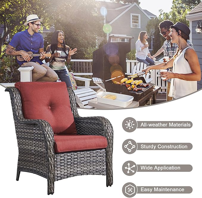 HUMMUH 3 Pieces Patio Bistro Set Wicker Patio Chairs Set of 2 with Tempered Glass Top Side Table Rattan Outdoor Furniture Conversation Set for Yard,Garden,Porch (Grey/Red)