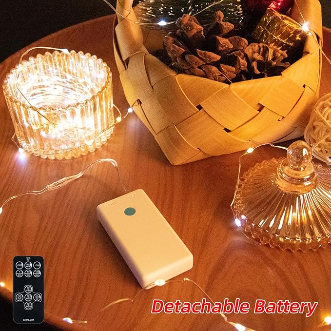 BLUEYE 16FT 100LEDs Rechargeable Fairy Lights,Remote Control,3 Off Timers,Detachable Battery Operated,Tangle-Free Camping String Light,Twinkle for Christmas,Party,Wedding(Cool+Warm White,1Pack)