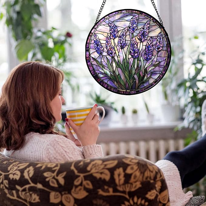 JOSUMALY Stained Glass Window Hanging - Purple Flowers Suncatcher for Door Terrace Garden Home Decor Lavender Plant Floral Sun Catcher Birthday Gifts for Lovers Women Men Dad Mom Nana 11.8 in