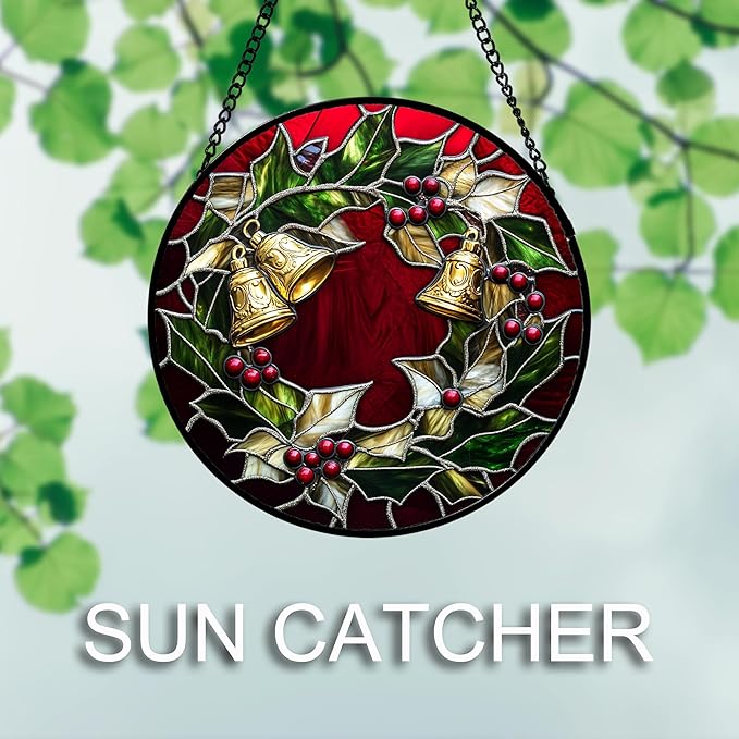 Stained Glass Window Hanging 4 Pcs Set Christmas Golden Bell Sleigh Large 15" - Suncatcher Door Garden Sun Catcher Decor Birthday Mother's Day Xmas Gifts for Mom Woman Nana Men Parents
