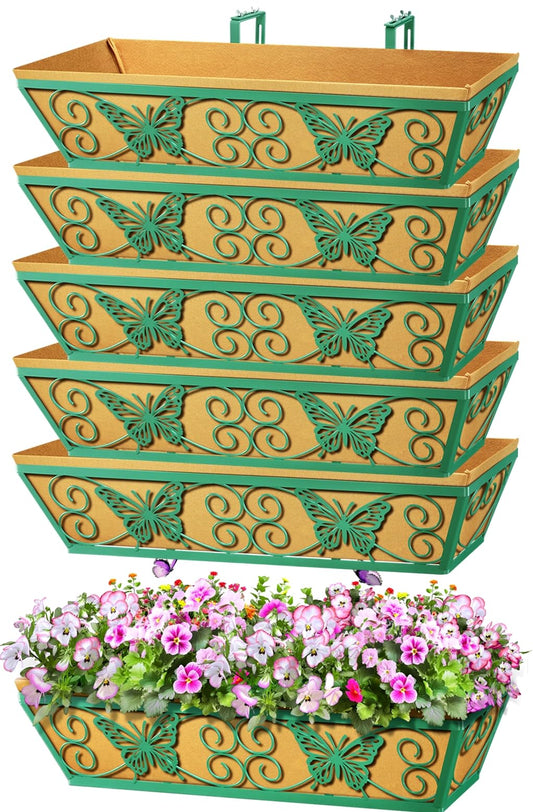 Karlliu 6 Pack 24 Inch Window Boxes Planters Railing Planter Box with Adjustable Brackets for Porch Fence Patio Balcony Hanging Flower Baskets with Woven Fabric for Outdoor Garden Decor - Green