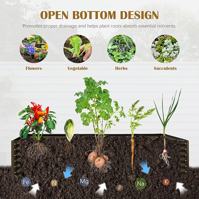 Domi 8x4x1.5ft Metal Raised Garden Beds Outdoor, Thickened Galvanized Steel Deep Root Planter Box with Stabilizing Bars & Rubber Edging for Vegetables, Flowers, Herbs - Brown