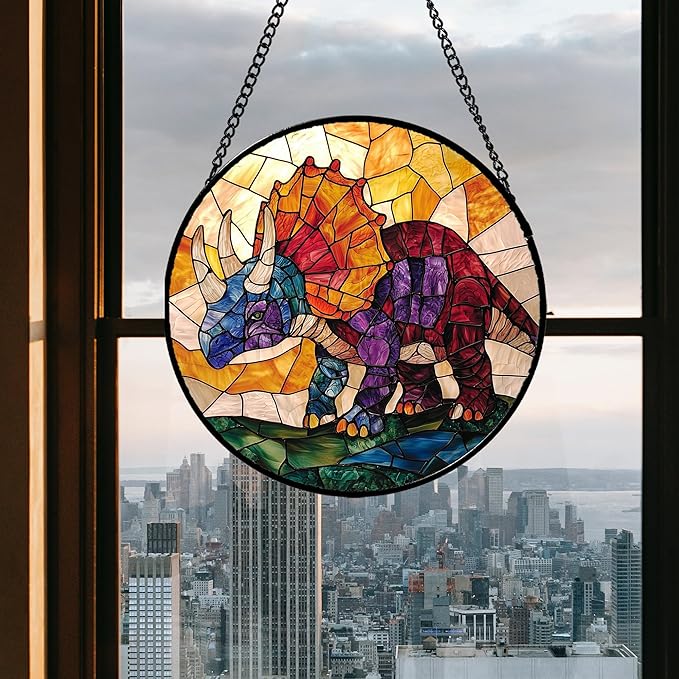 Stained Glass Window Hanging - Triceratops Abstract Dinosaur Suncatcher for Door Terrace Garden Home Decor, Orange Red Sun Catcher Birthday Gifts for Lovers Women Men Dad Mom Nana 6.3 in