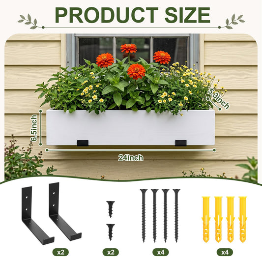 Novabright 24 Inch Wood Window Planter Box with L-Bracket,White
