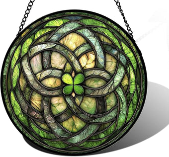 DASTOLL Stained Glass Window Hanging, Abstract Green Clover Sun Catchers Colorful Glass Panel Bless Suncatcher Decor for Birthday for Women, Men, Wife, Aunt, and Mom 9.8 in