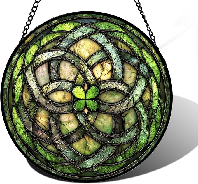 DASTOLL Stained Glass Window Hanging, Abstract Green Clover Sun Catchers Colorful Glass Panel Bless Suncatcher Decor for Birthday for Women, Men, Wife, Aunt, and Mom 7.8 in