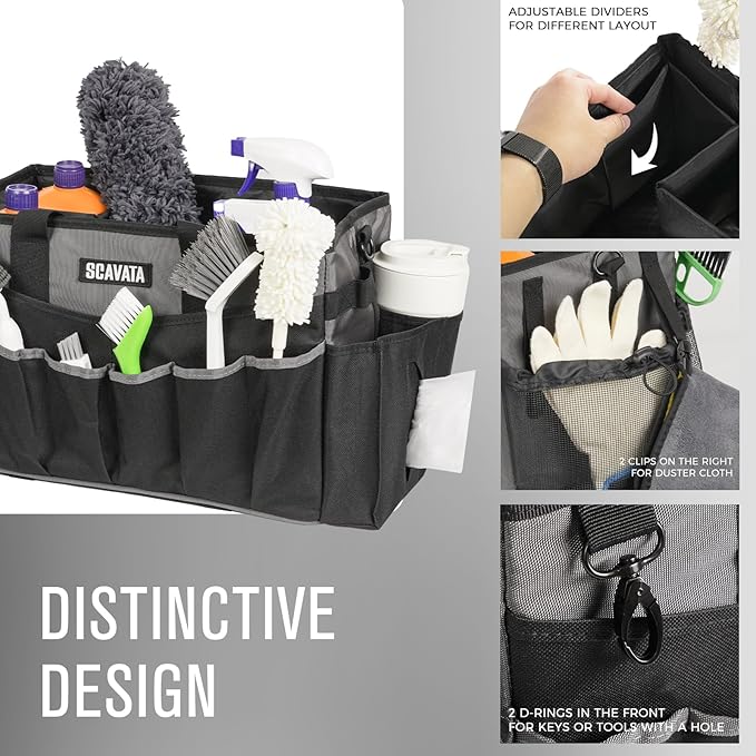 Wearable Cleaning Caddy Bag, Cleaning Caddy Supplies Organizer with Handle & Shoulder Straps for Housekeepers, Under Sink & Car Cleaning Tool Organizers with 4 Foldable Divider (DarkGrey)