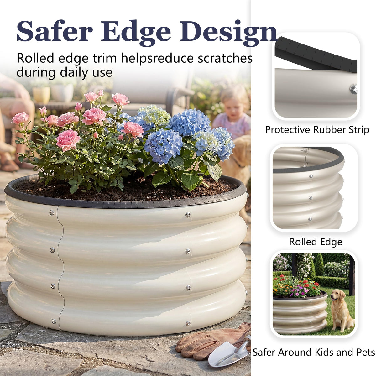 SOCONT Round Galvanized Raised Garden Bed Kit, 3 Pcs 2 x 2 x 1ft Pearl White Galvanized Garden Boxes, Outdoor for Vegetables