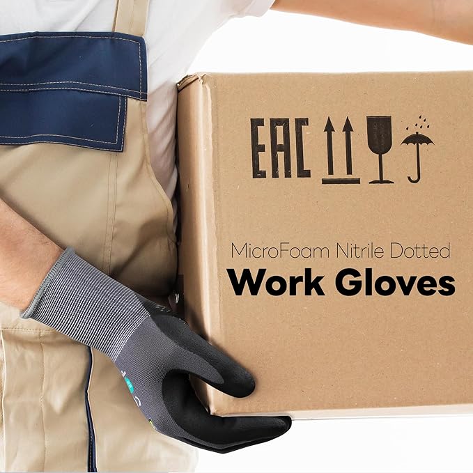 DULFINE Work Gloves for Men and Women,Grey Nylon with MicroFoam Nitrile Coated-12 Pairs Pack, Dots on Palm for Anti-slip and Extra Abrasion Resistant(Small)