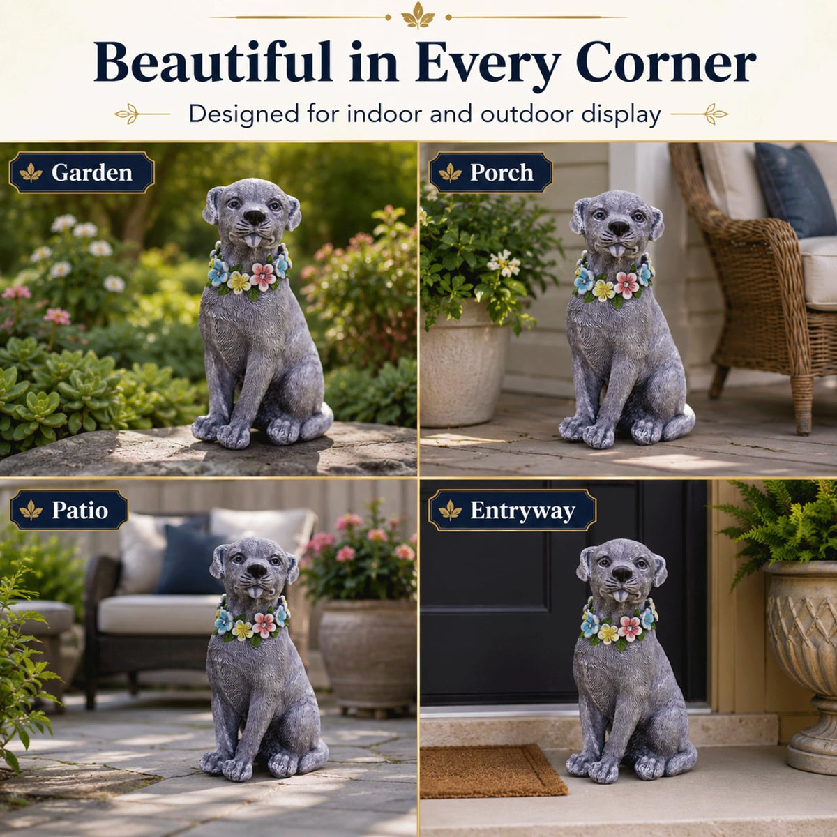 Nacome Dog Statue with Solar Flower Warm Lights Garden Decor
