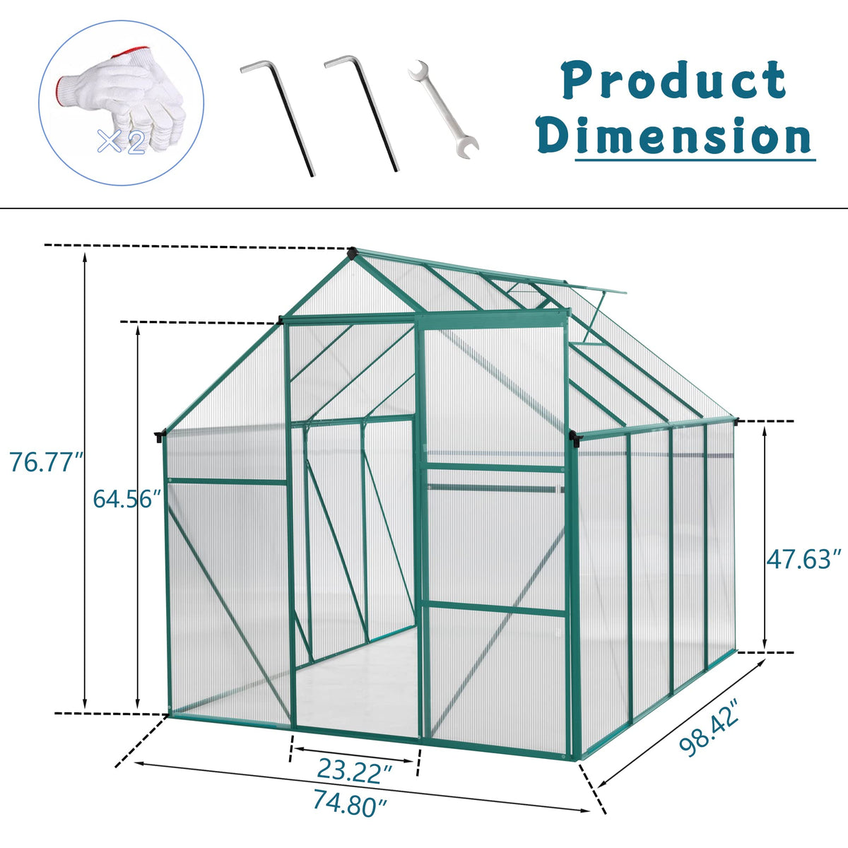6x8 FT Green Outdoor Walk-in Polycarbonate Greenhouse Adjustable Roof Vent Sliding Door Aluminum Frame Galvanized Base for Backyard Gardening Plants Vegetables Flowers UV Protection Greenhouse