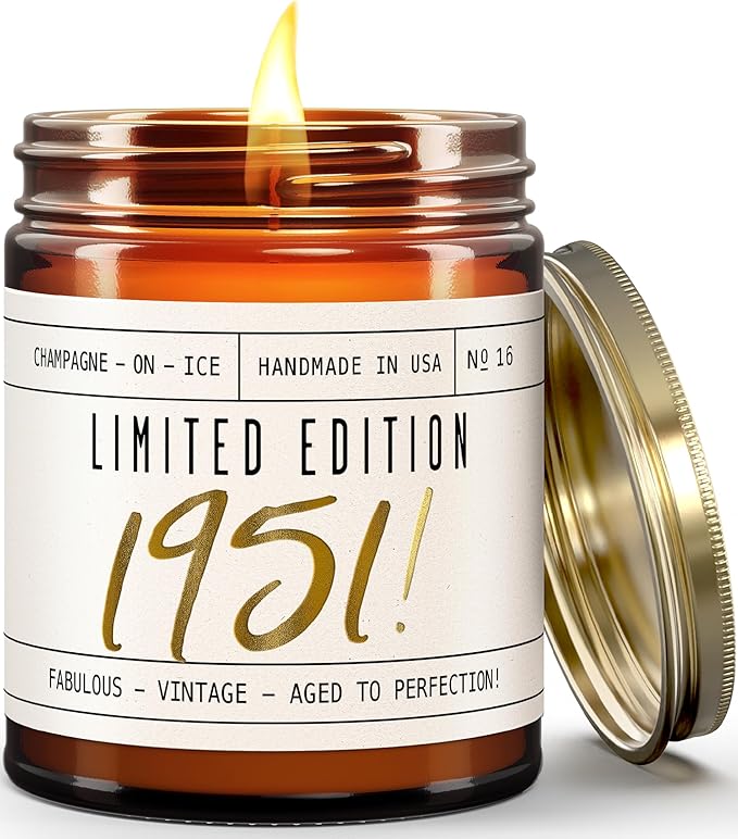 75th Birthday Gifts for Women - 'Limited Edition 1951' Soy Candle, w/Champagne on Ice I 75th Birthday Gift for Her Ideas I 9oz Reusable Jar, 50Hr Burn, Made in USA