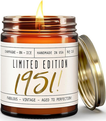 75th Birthday Gifts for Women - 'Limited Edition 1951' Soy Candle, w/Champagne on Ice I 75th Birthday Gift for Her Ideas I 9oz Reusable Jar, 50Hr Burn, Made in USA