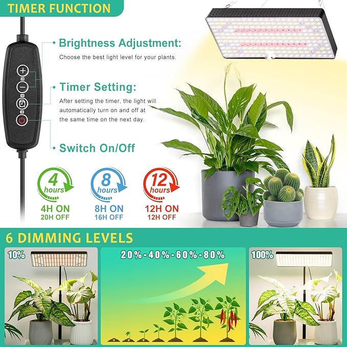 LBW Desk Grow Light, Full Spectrum Plant Light for Indoor Plants, Grow Lamps with 4/8/12H Timer, 10"-26" Height Adjustable, 6 Brightness Levels