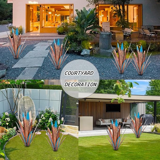 Jesokiibo Tequila Rustic Sculpture DIY Metal Agave Plant Home Decor Rustic Hand Painted Metal Agave Garden Ornaments Outdoor Decor Figurines Home Yard Decorations Stakes Lawn Ornaments (Blue 4PCS)
