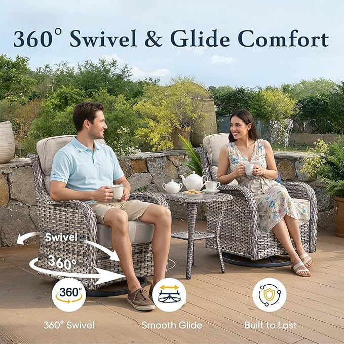 Belord Luxury 6" Thick Cushioned Outdoor Swivel Rocker Patio Chairs with Side Table, High Back Wicker Furniture Set with Ergonomic Zone Back, Conversation Glider Set for Deck Porch - Grey+Beige