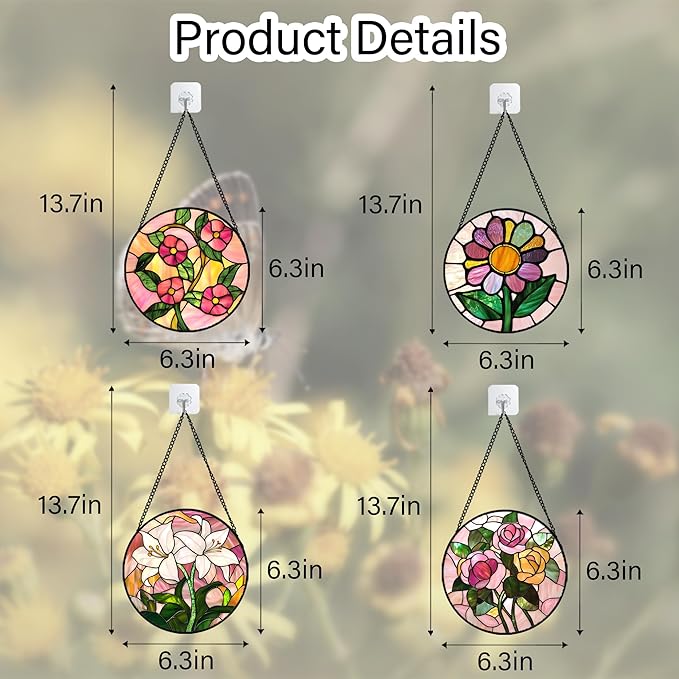 DASTOLL Stained Glass Window Hanging 4 Pcs Set Pink Floral Theme 6.3" - Flowers Suncatcher Door Garden Sun Catcher Decor Birthday Christmas for Mom Woman Nana Men Friend