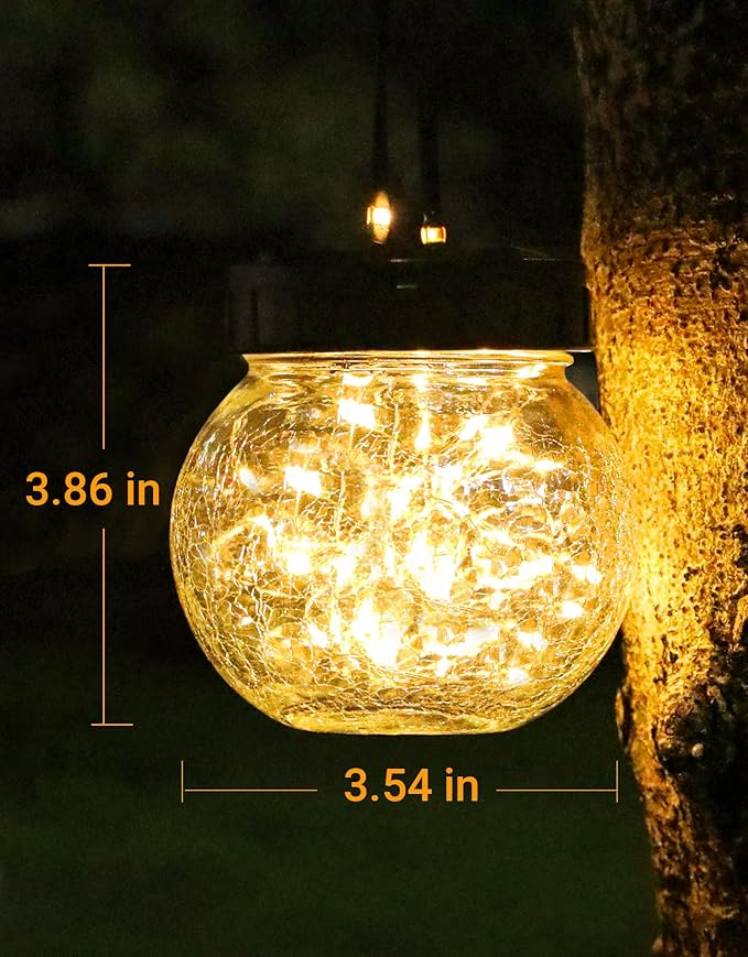 PARTPHONER Solar Lights Outdoor Waterproof 12-Pack, Solar Powered Hanging Lantern Cracked Glass Hanging Globes for Yard Decor Christmas Decoration, Shepherd Hook, Garden Tree Table Ornaments, Warm
