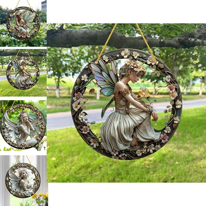 Flower Fairy Garden Decorations Angel Wing Christmas Halloween Deco Statue Art Elf Sculpture Hanging Craft for Outdoor Yard Courtyard Lawn Patio Window Acrylic Ornament Home Gift (B,L: 8*8 IN)